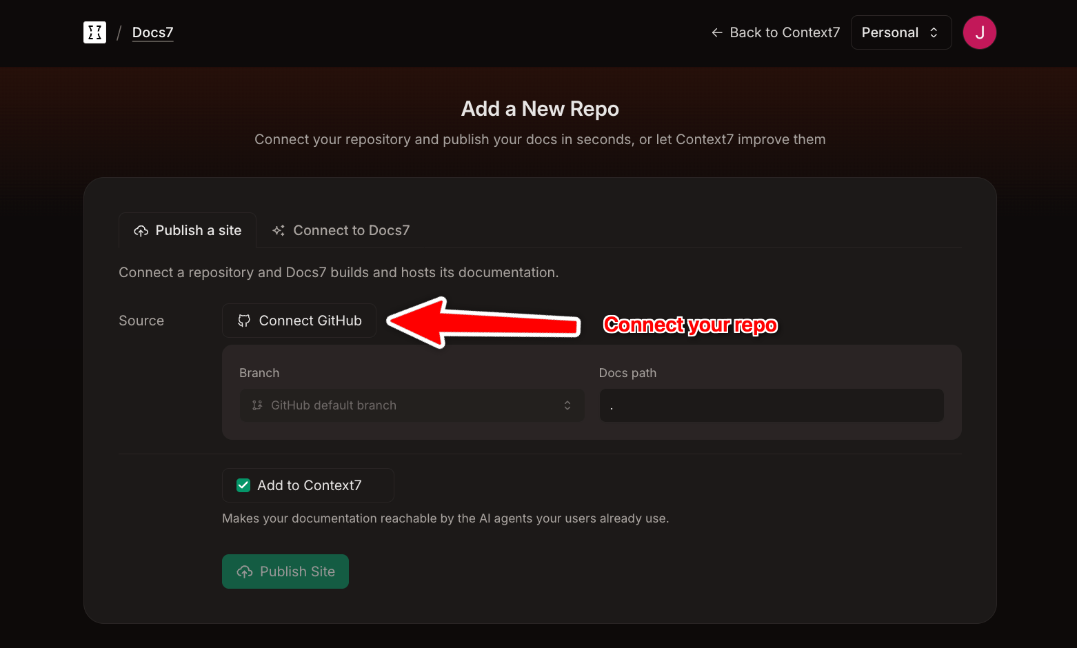 Publish a site in Docs7