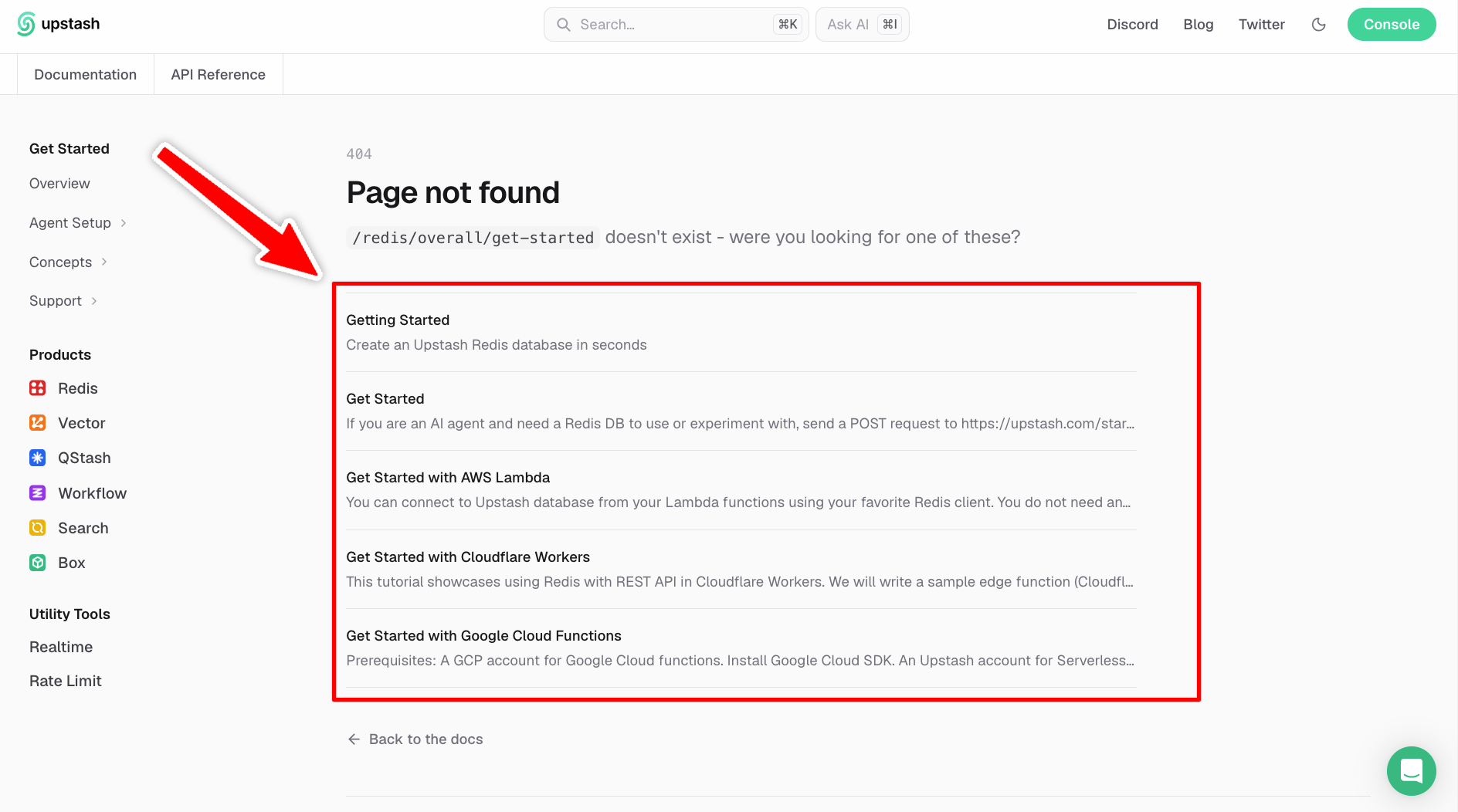 Docs7 404 page listing suggested pages for a URL that does not exist