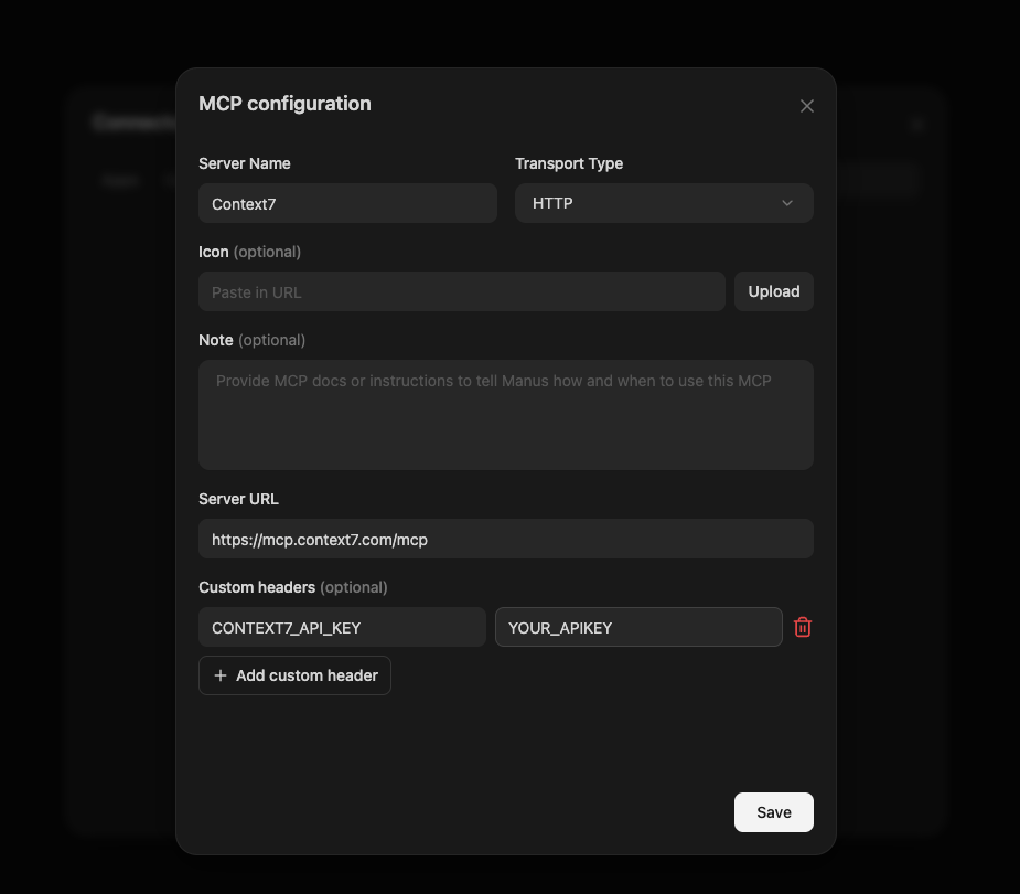 Context7 custom MCP configuration in Manus