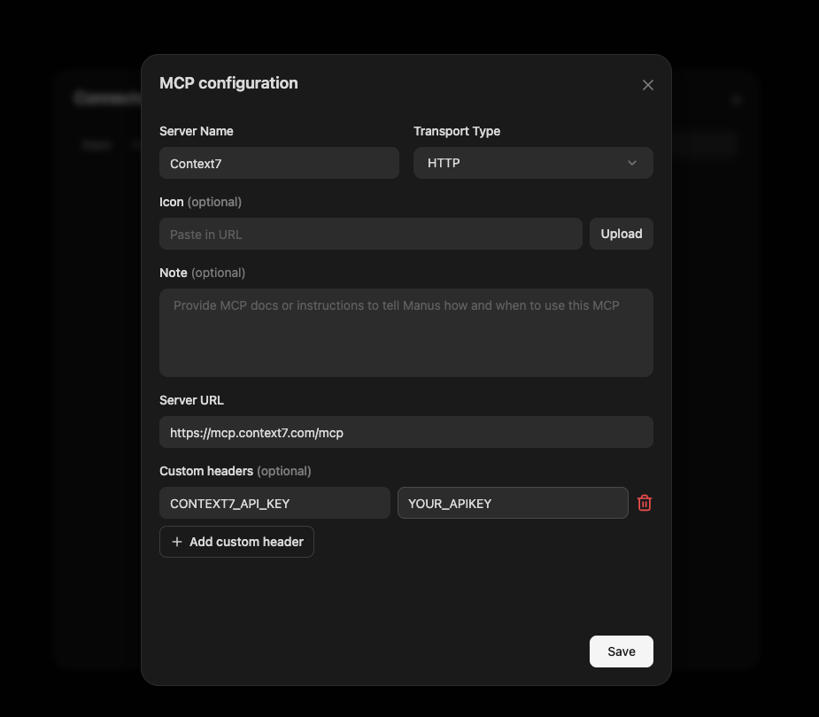 Context7 custom MCP configuration in Manus