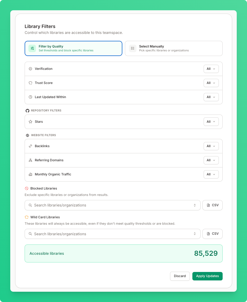 Library Filters card showing quality filters and blocked libraries