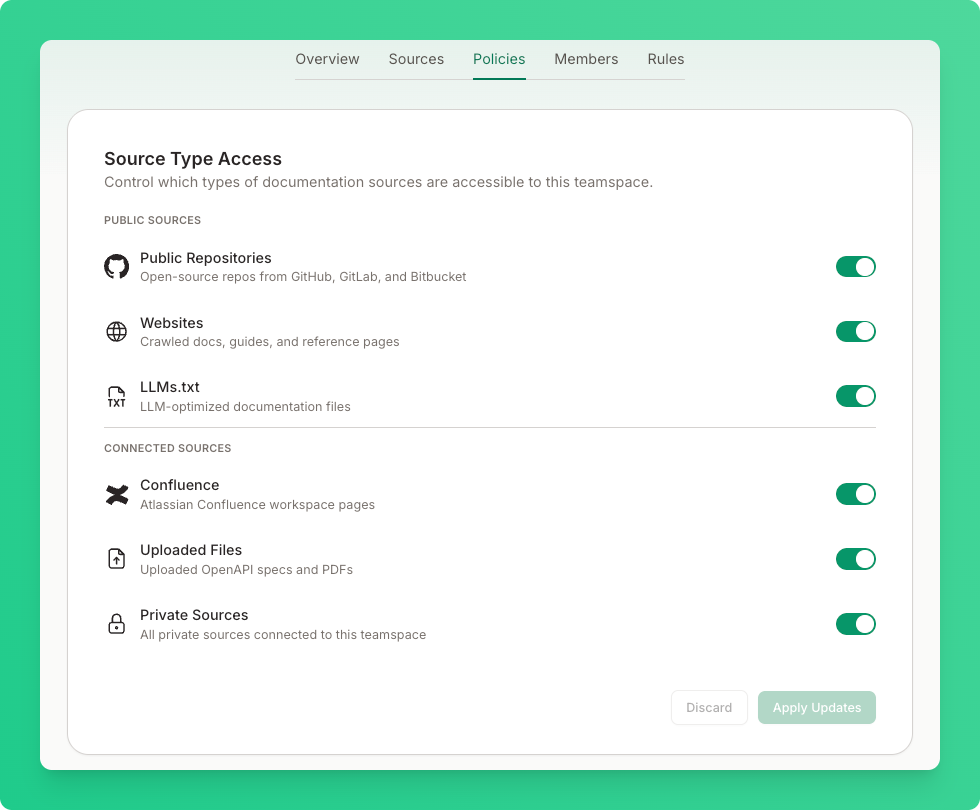 Source Type Access card showing toggles for each documentation source type