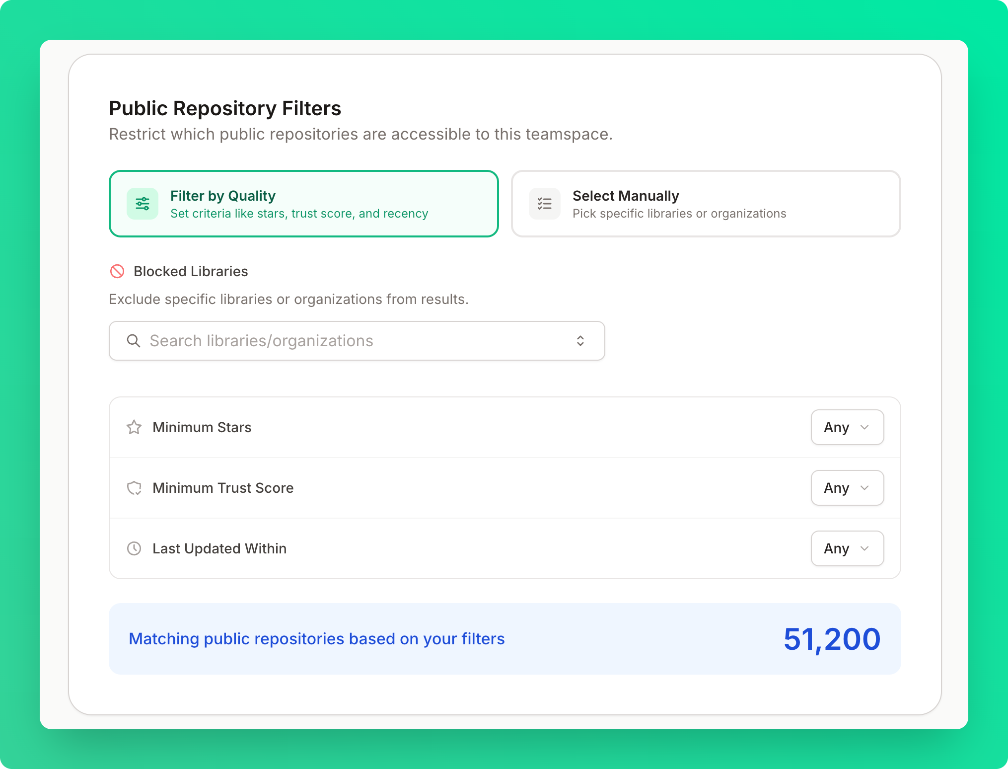 Public Repository Filters card showing quality filters and blocked libraries
