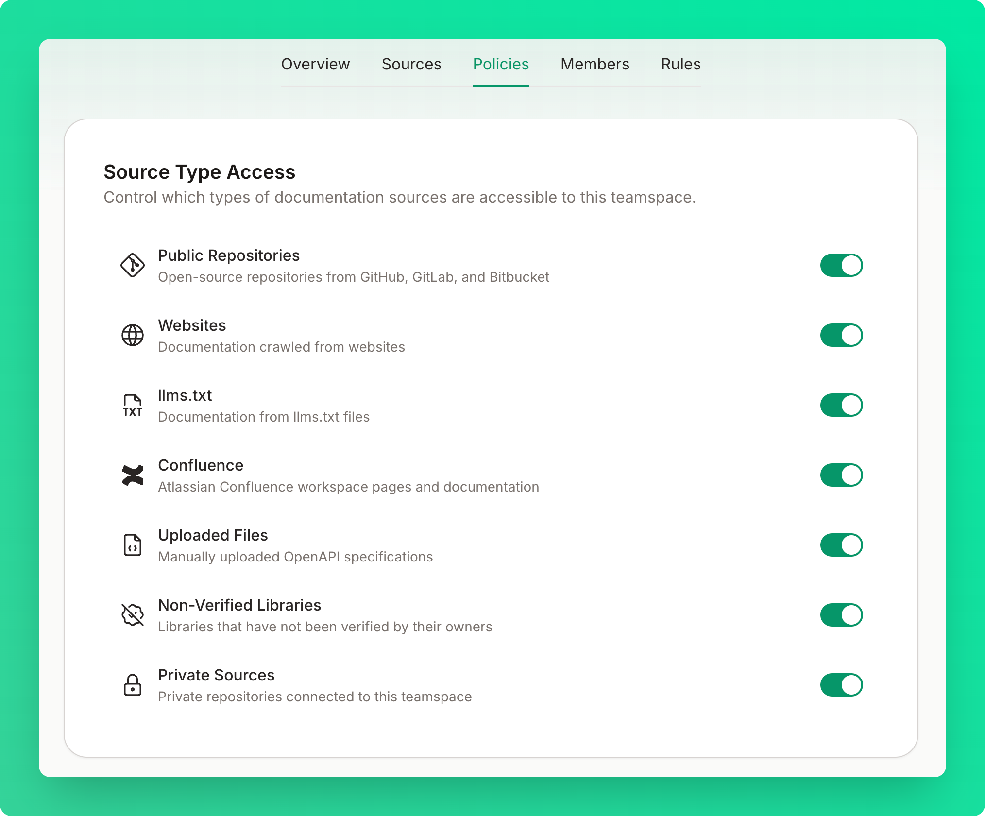 Source Type Access card showing toggles for each documentation source type