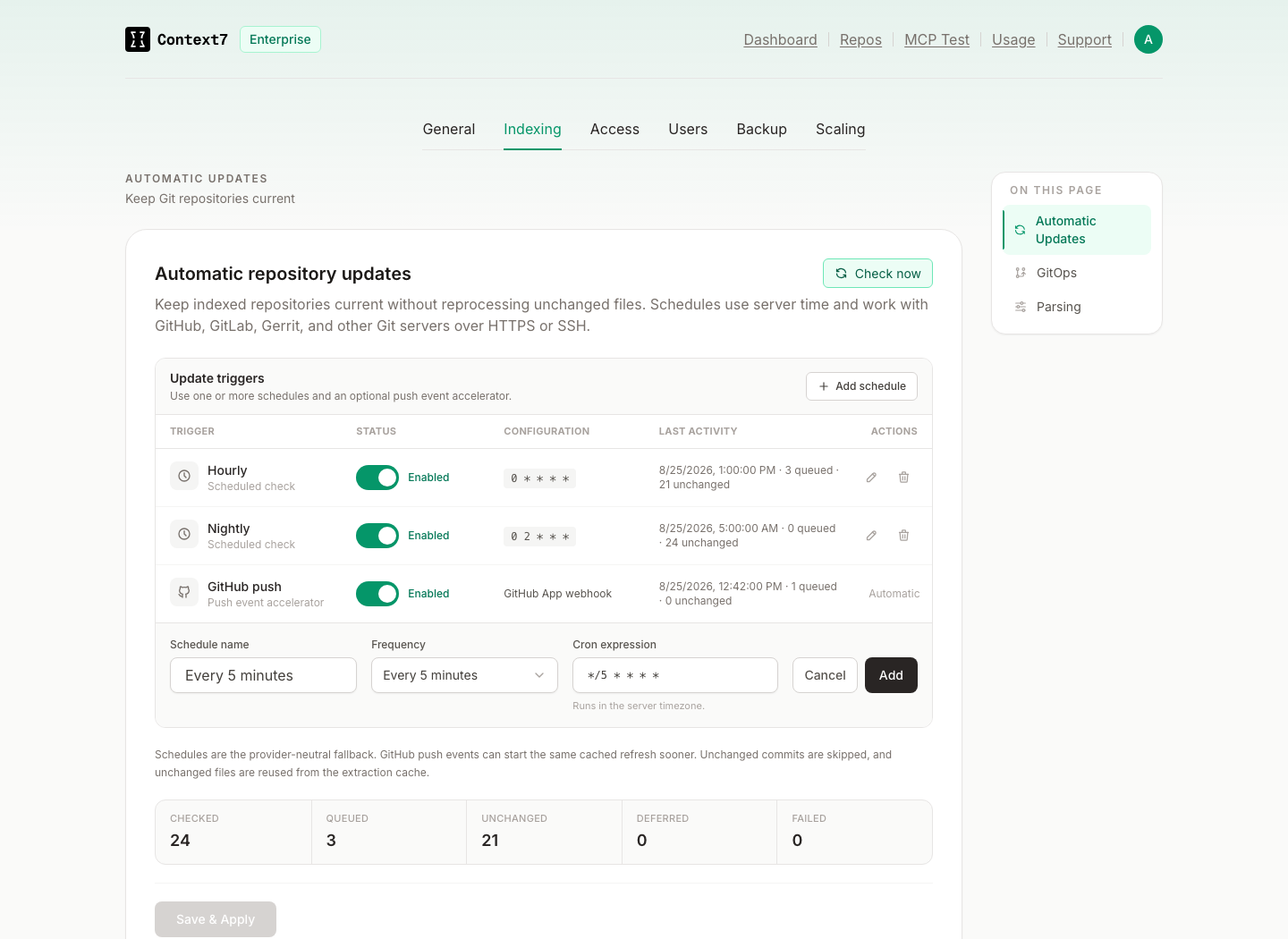 Schedule editor with name, frequency, and cron expression fields