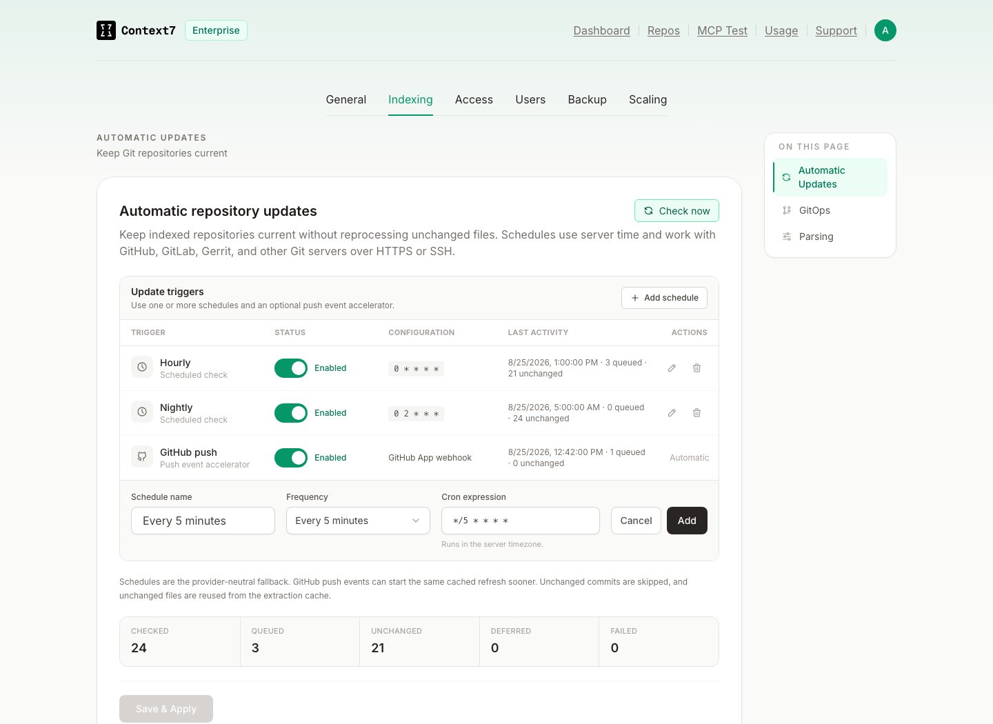 Schedule editor with name, frequency, and cron expression fields