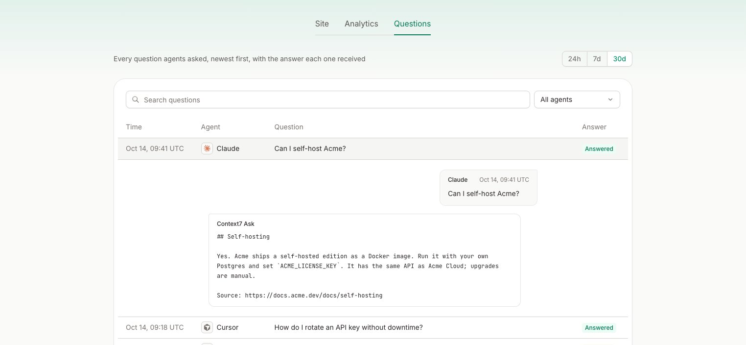 Context7 Ask Questions tab with one question opened to show the answer the agent received
