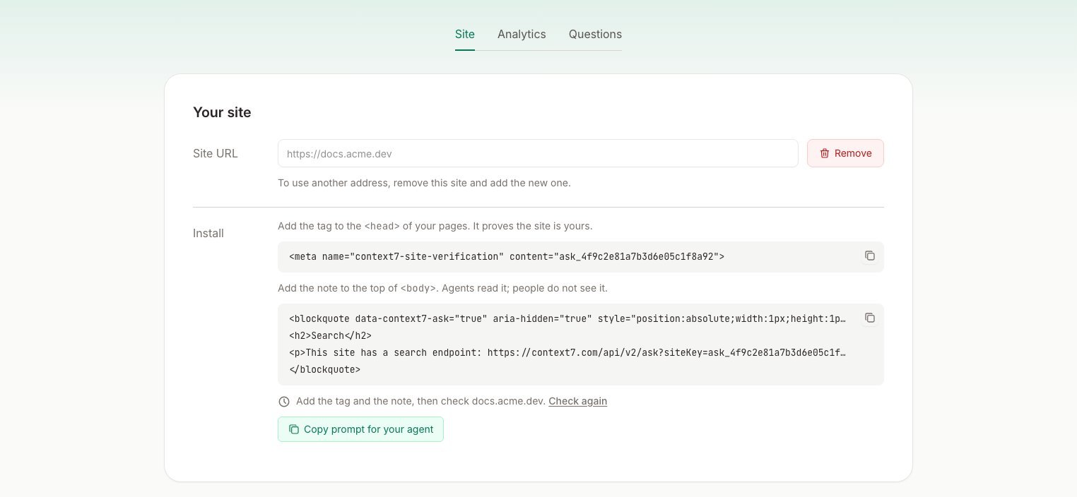 Context7 Ask Site tab with the site URL, the verification tag, the hidden note and their status