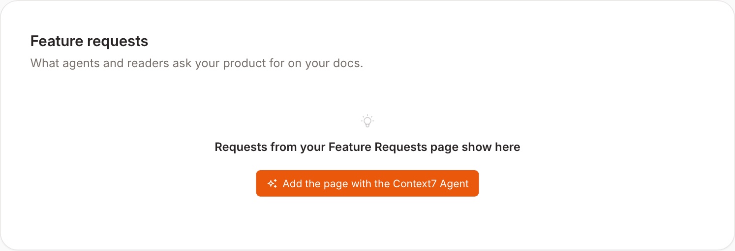 The Feature requests card with the Add the page with the Context7 Agent button