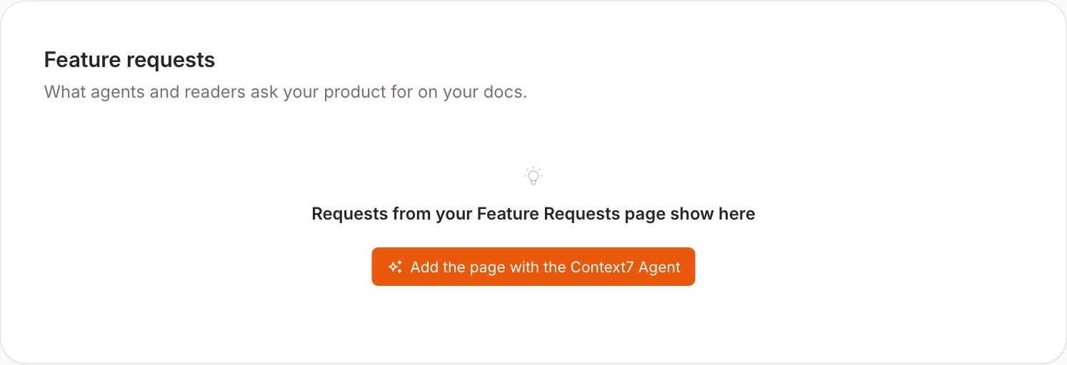 The Feature requests card with the Add the page with the Context7 Agent button