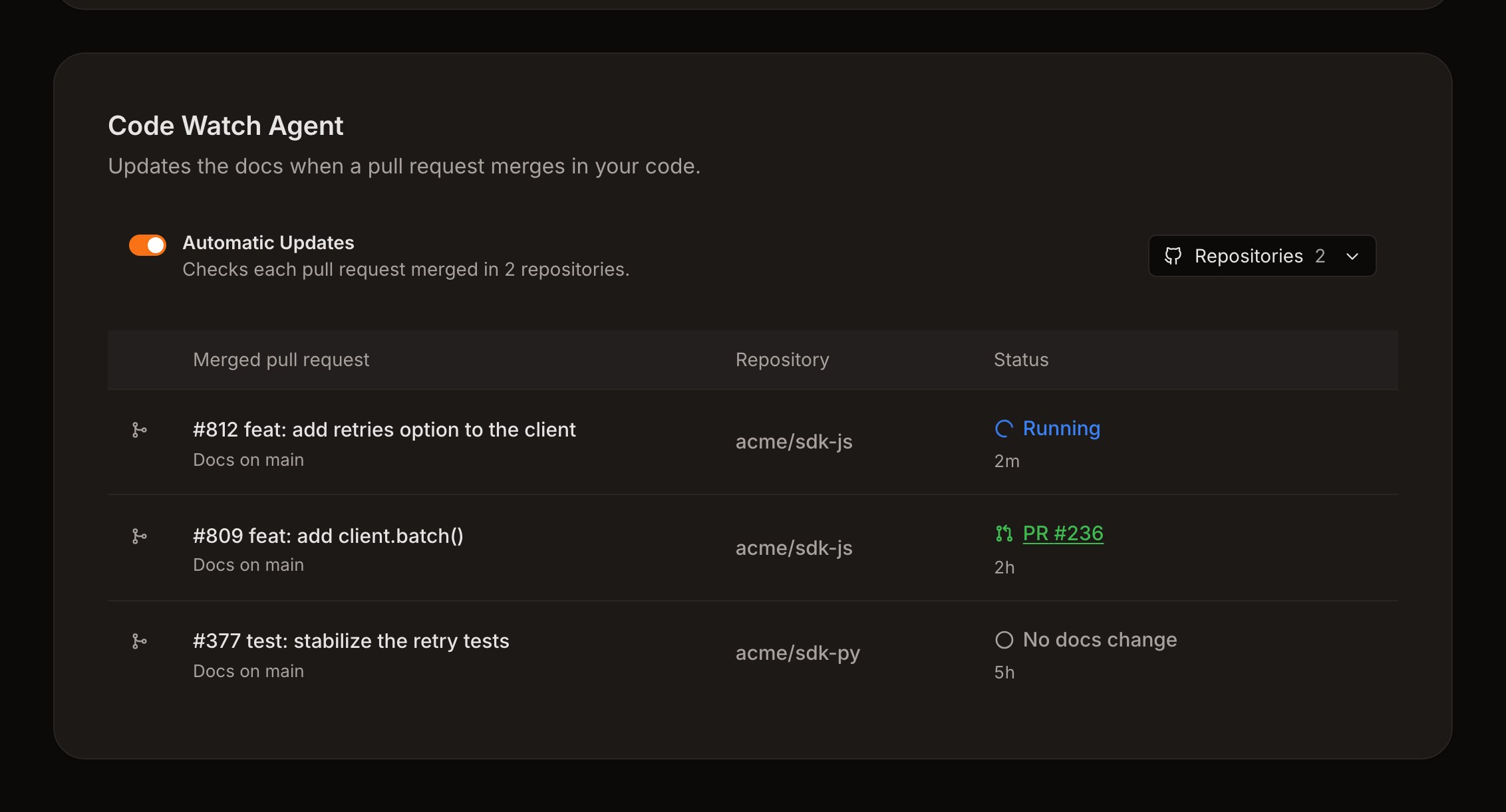 Code Watch Agent with automatic updates on for two repositories and its run history