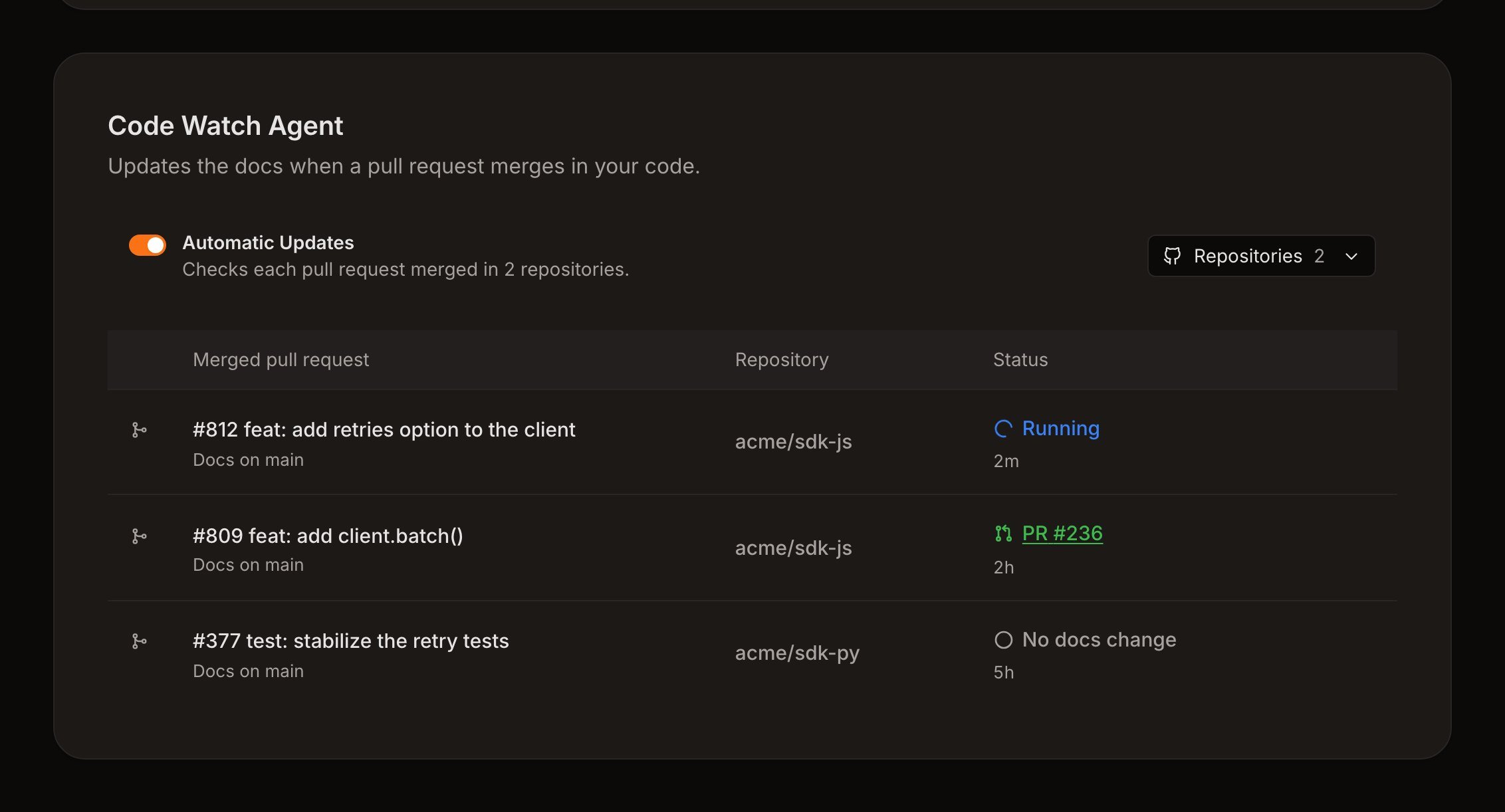 Code Watch Agent with automatic updates on for two repositories and its run history