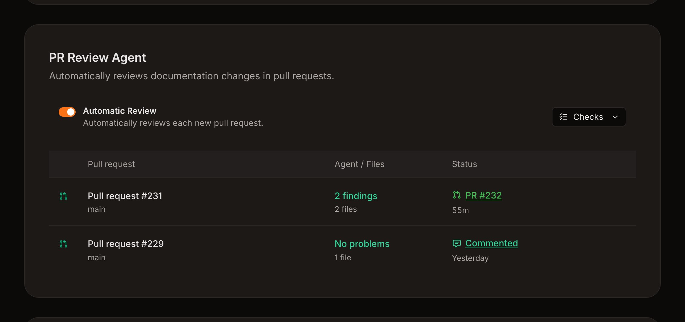 PR Review Agent with automatic review on, the Checks menu, and recent reviews