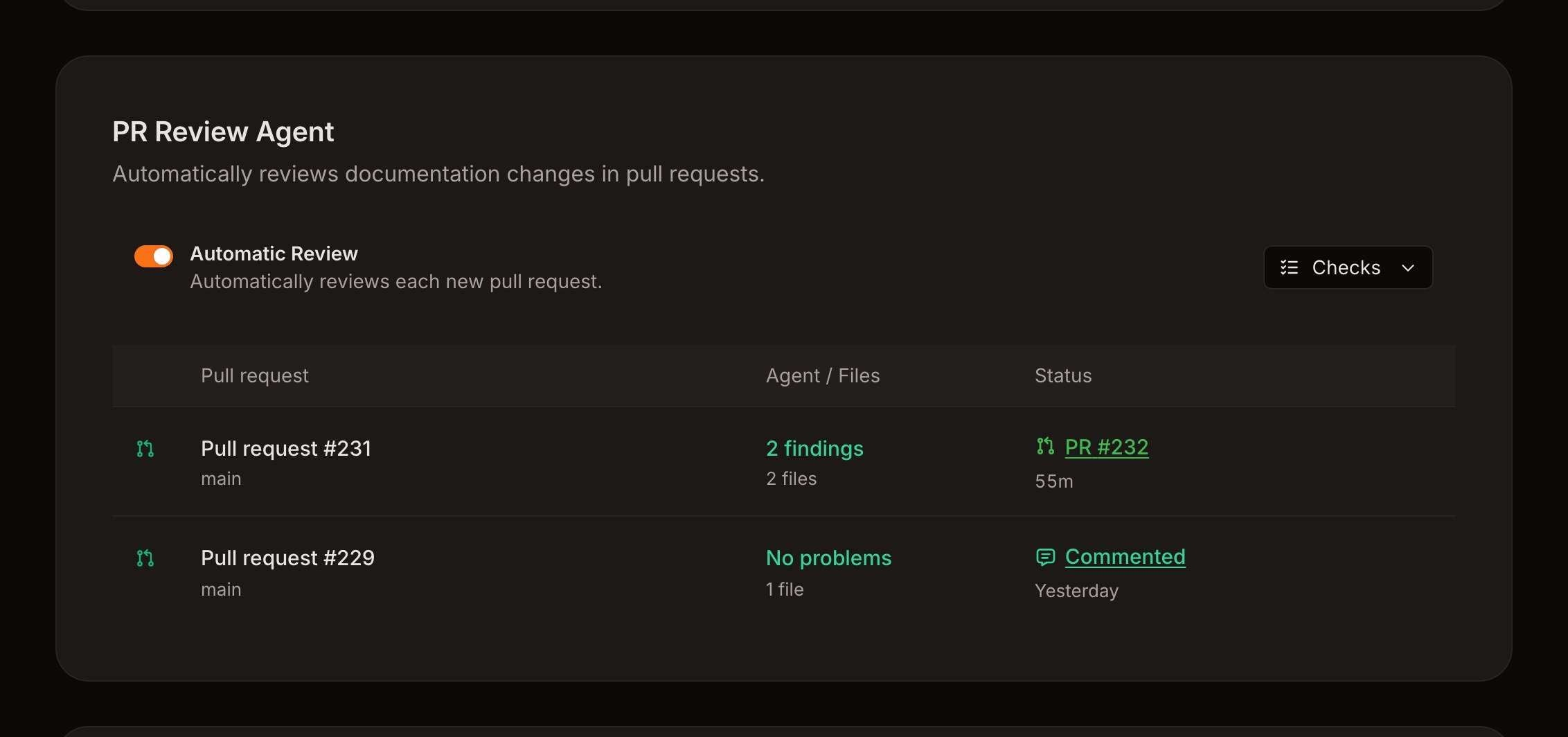 PR Review Agent with automatic review on, the Checks menu, and recent reviews