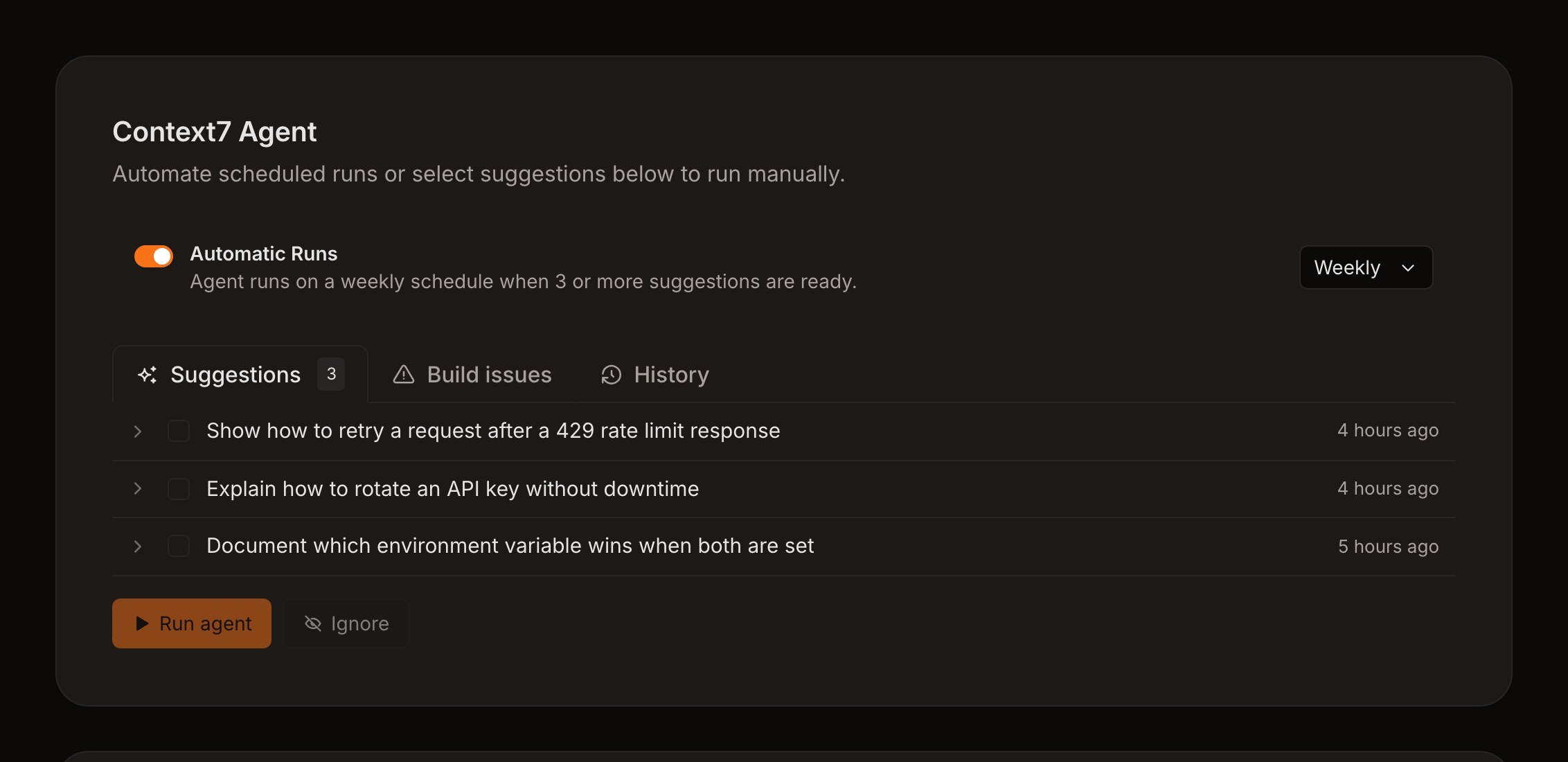 Docs7 Agent dashboard showing suggestions, build issues, scheduling, and history