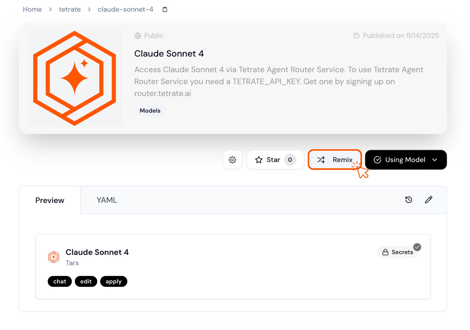 Remix a model from Tetrate on Continue Hub