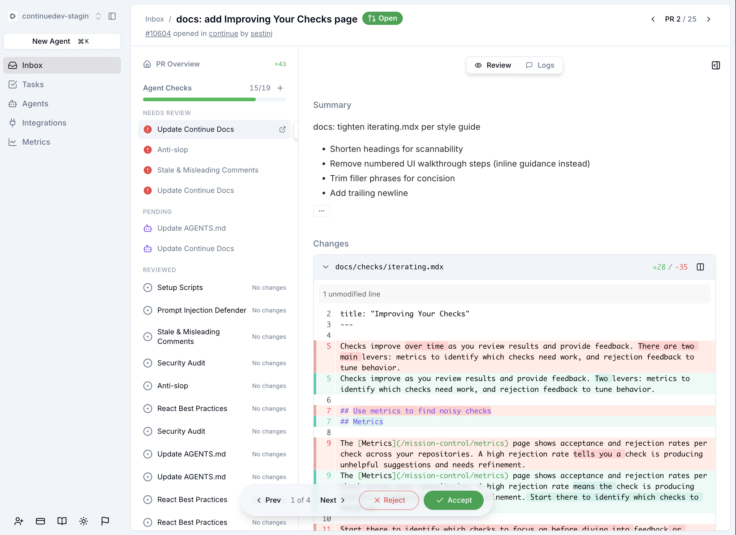 Continue check review page showing suggested diff with accept and reject options