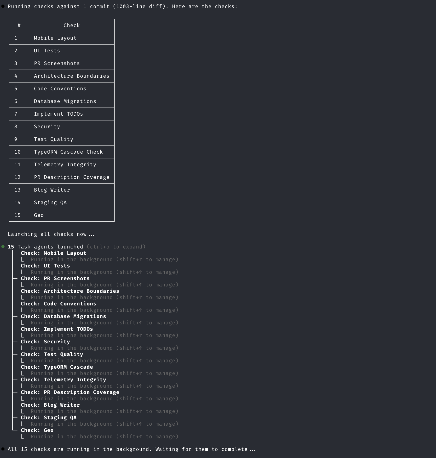 Terminal output showing checks being discovered and launched