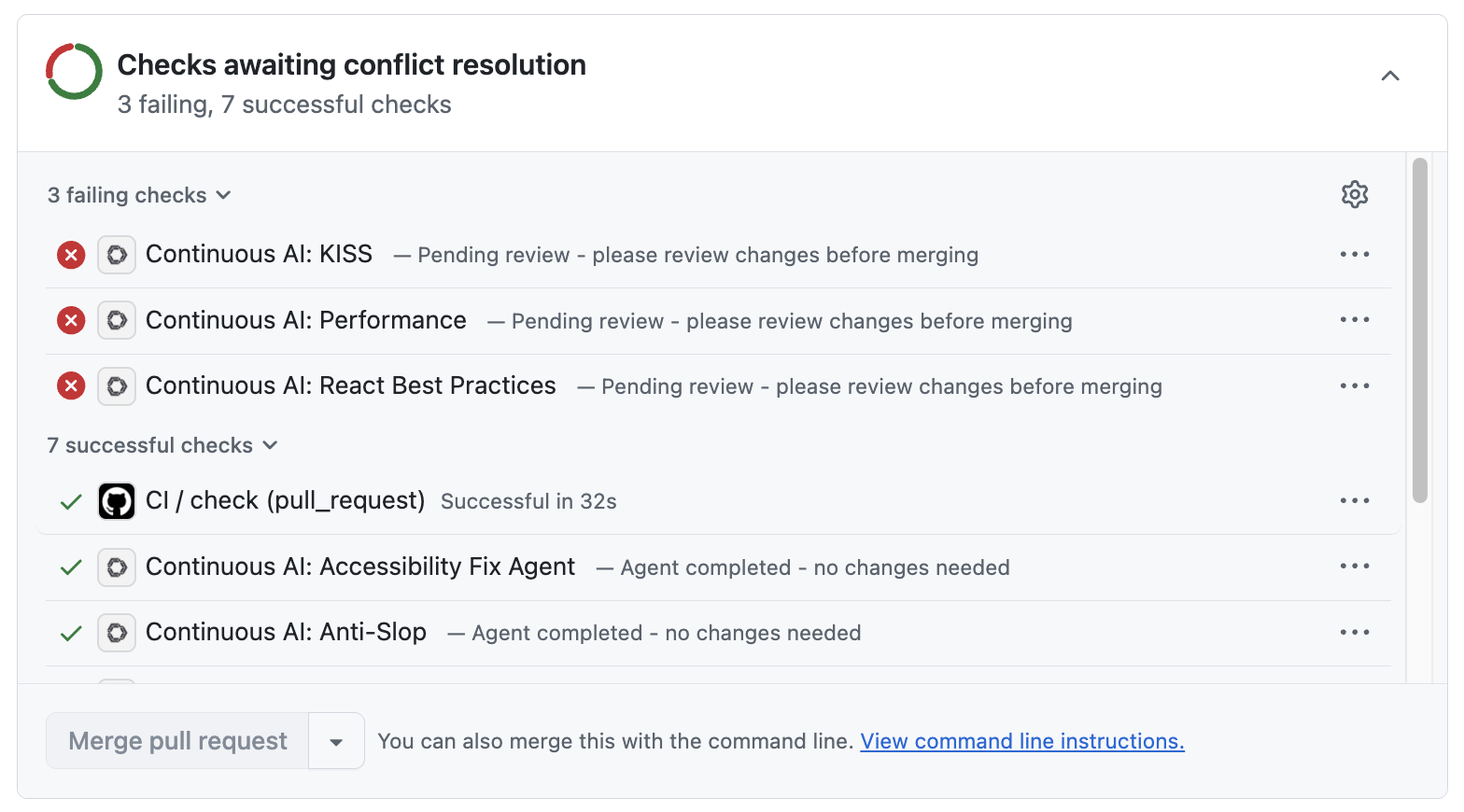 GitHub PR showing Continue checks with pass and fail status