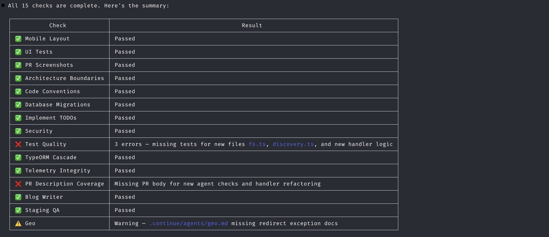 Check results summary showing pass, fail, and warning status for each check