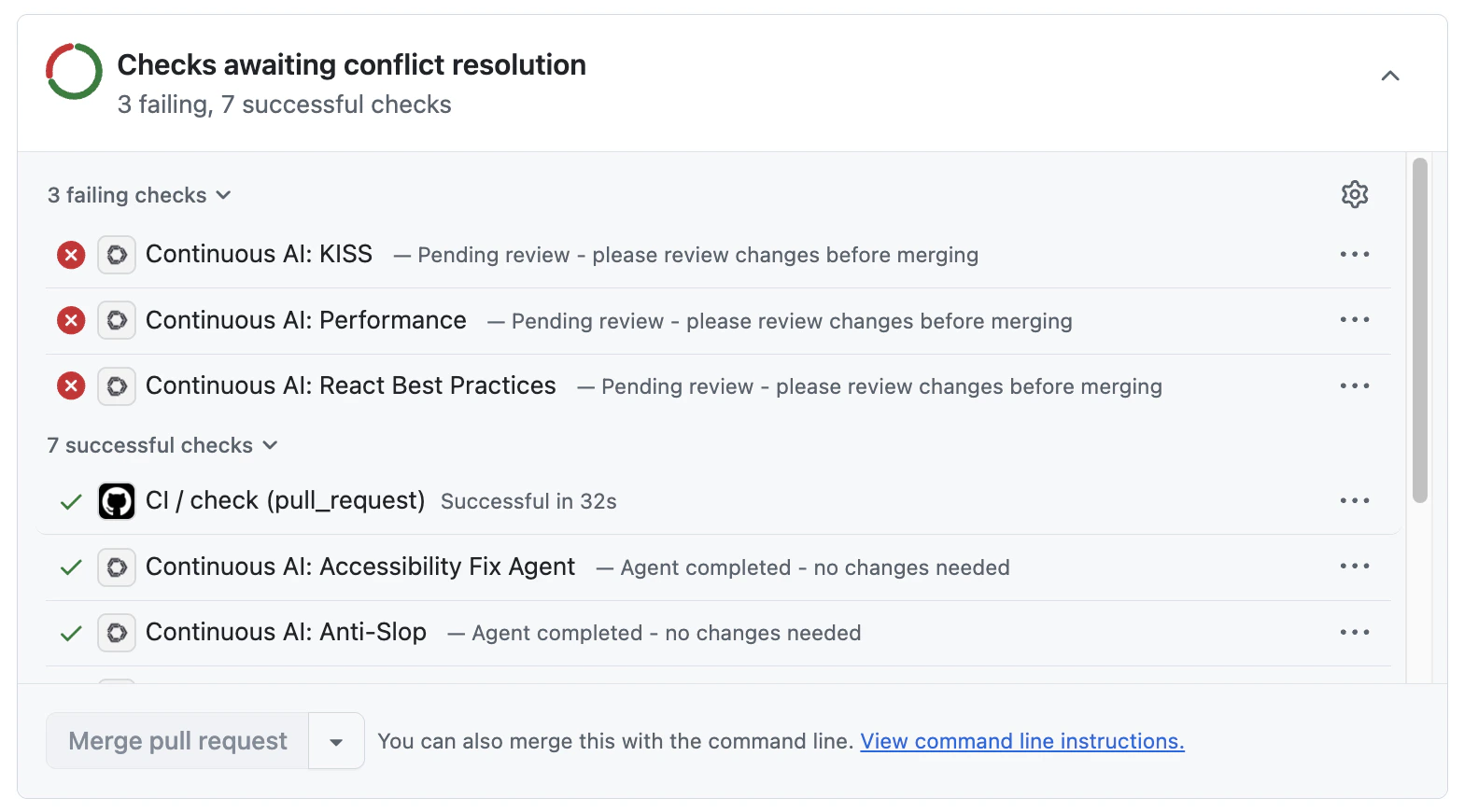 GitHub PR showing Continue checks with pass and fail status