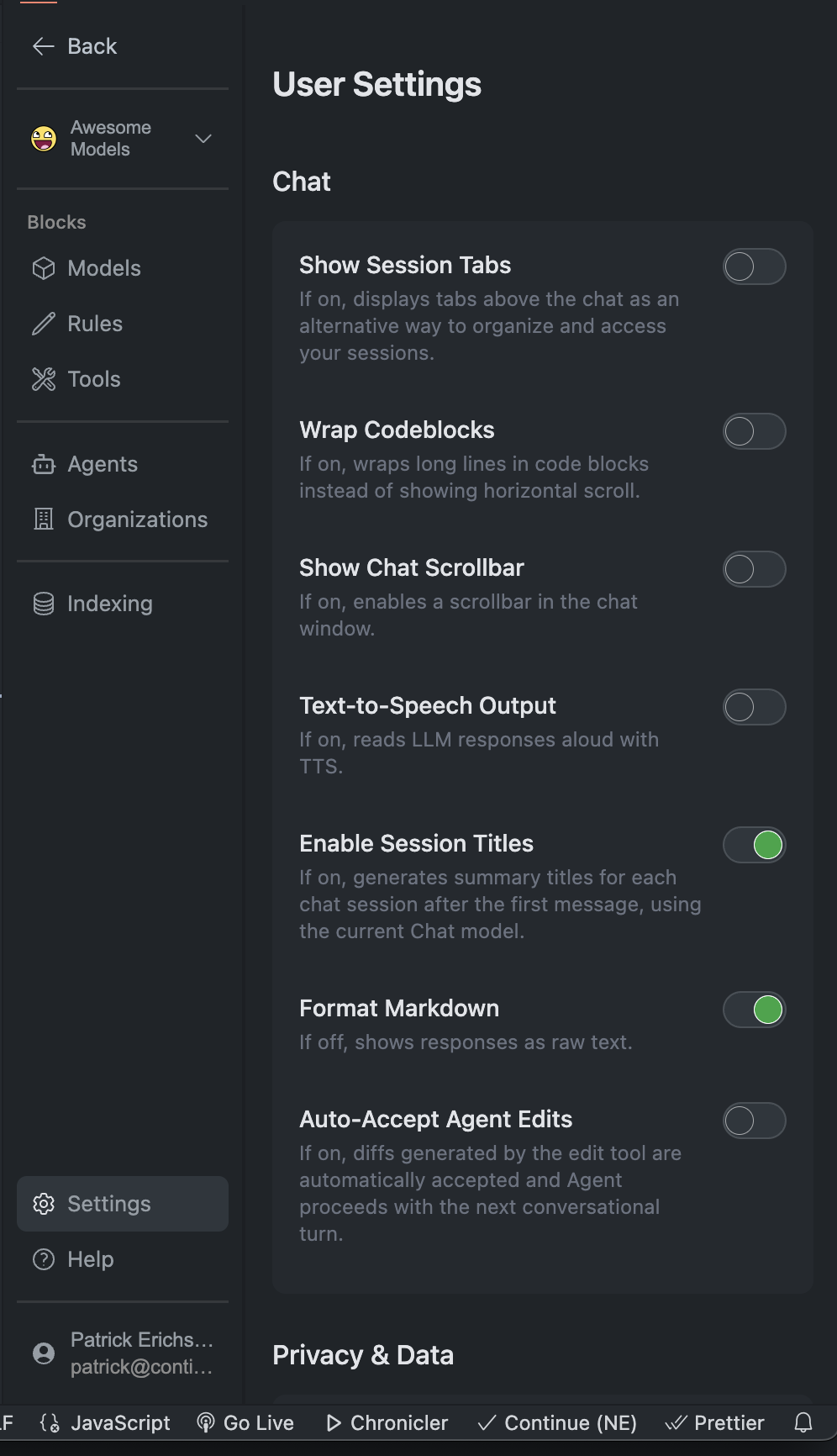 Continue Settings Panel - Card-based Layout