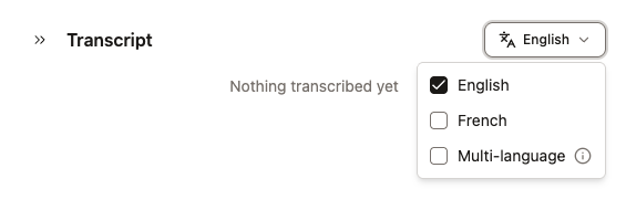 Screenshot of the transcription language selector