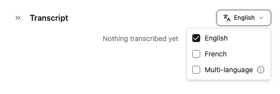 Screenshot of the transcription language selector