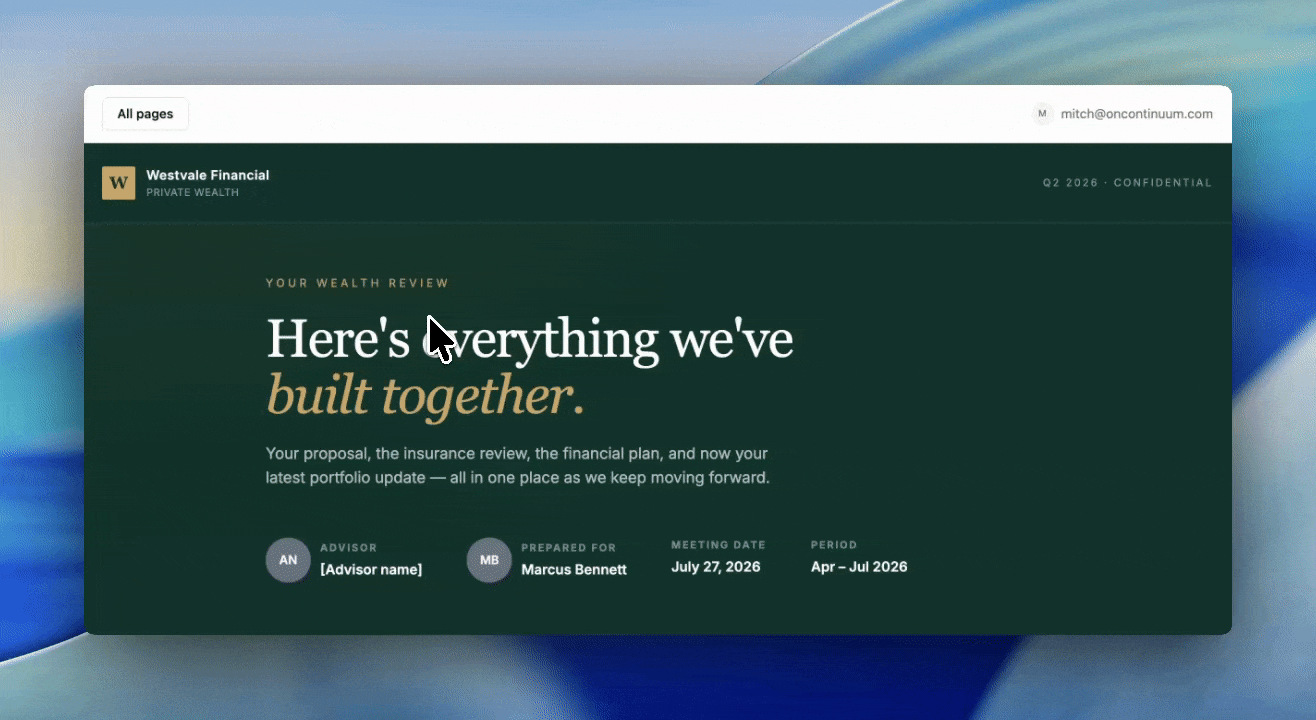 A client clicks All pages, sees the list of shared Pages, and opens another one