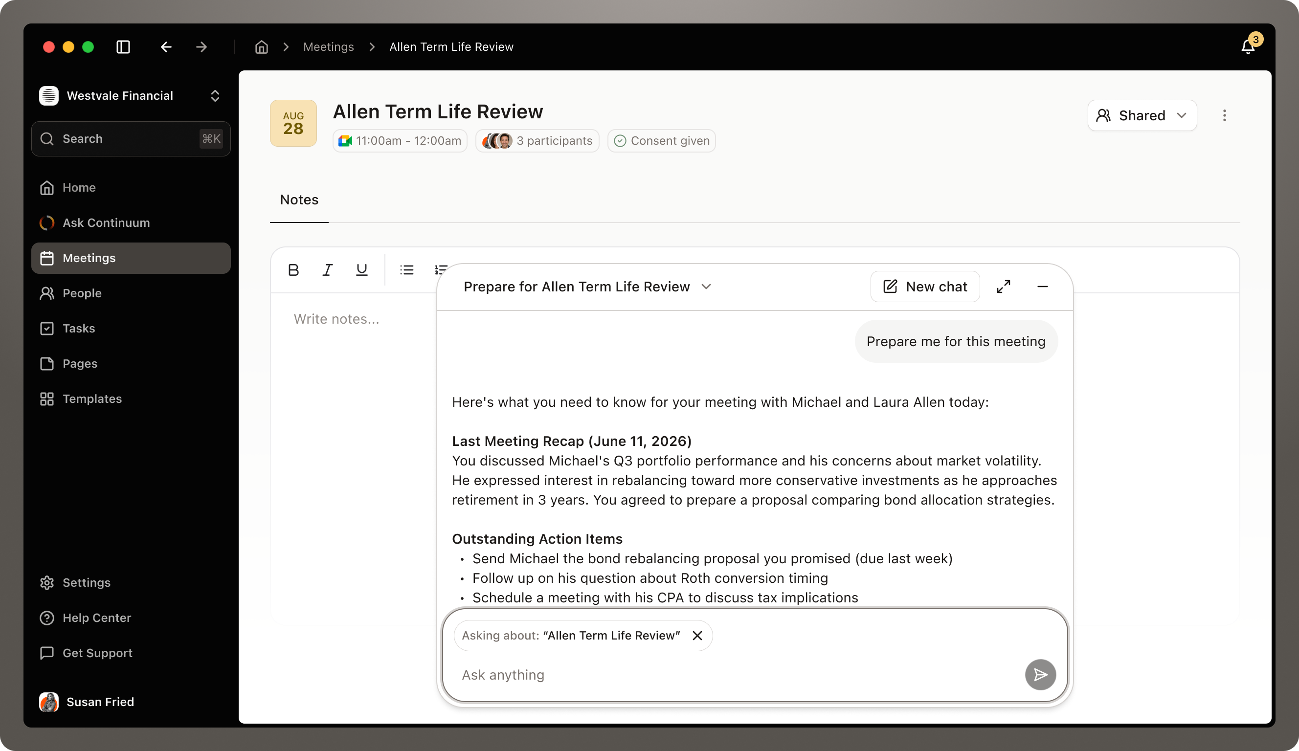 The Ask bar on an upcoming meeting with the Prepare me for this meeting prompt