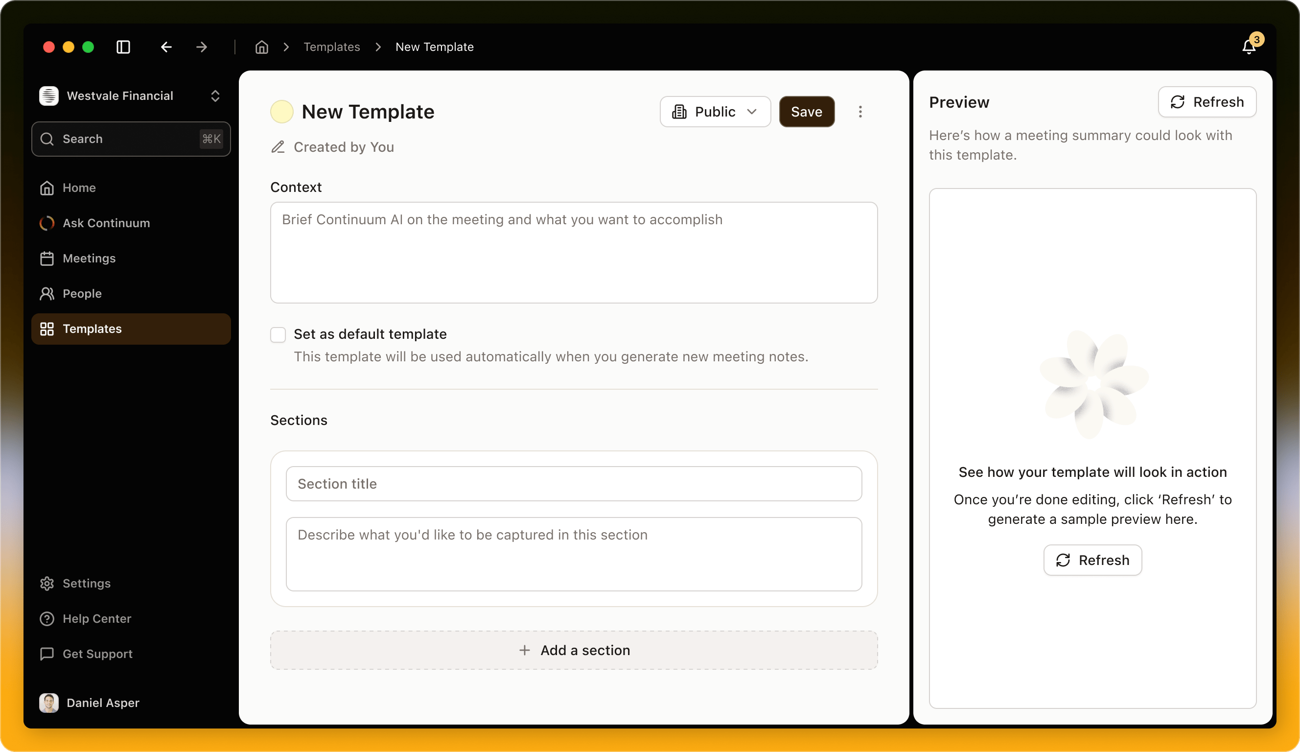 The template editor with Context and sections