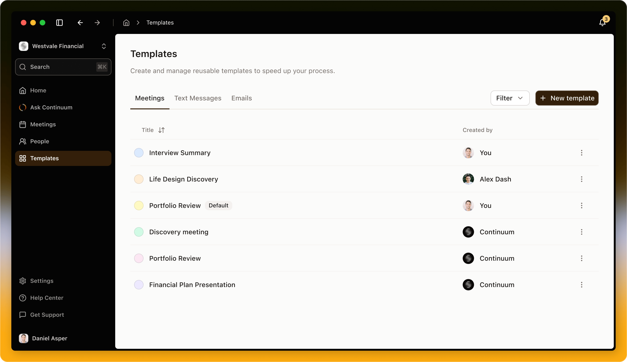 The Meeting templates page