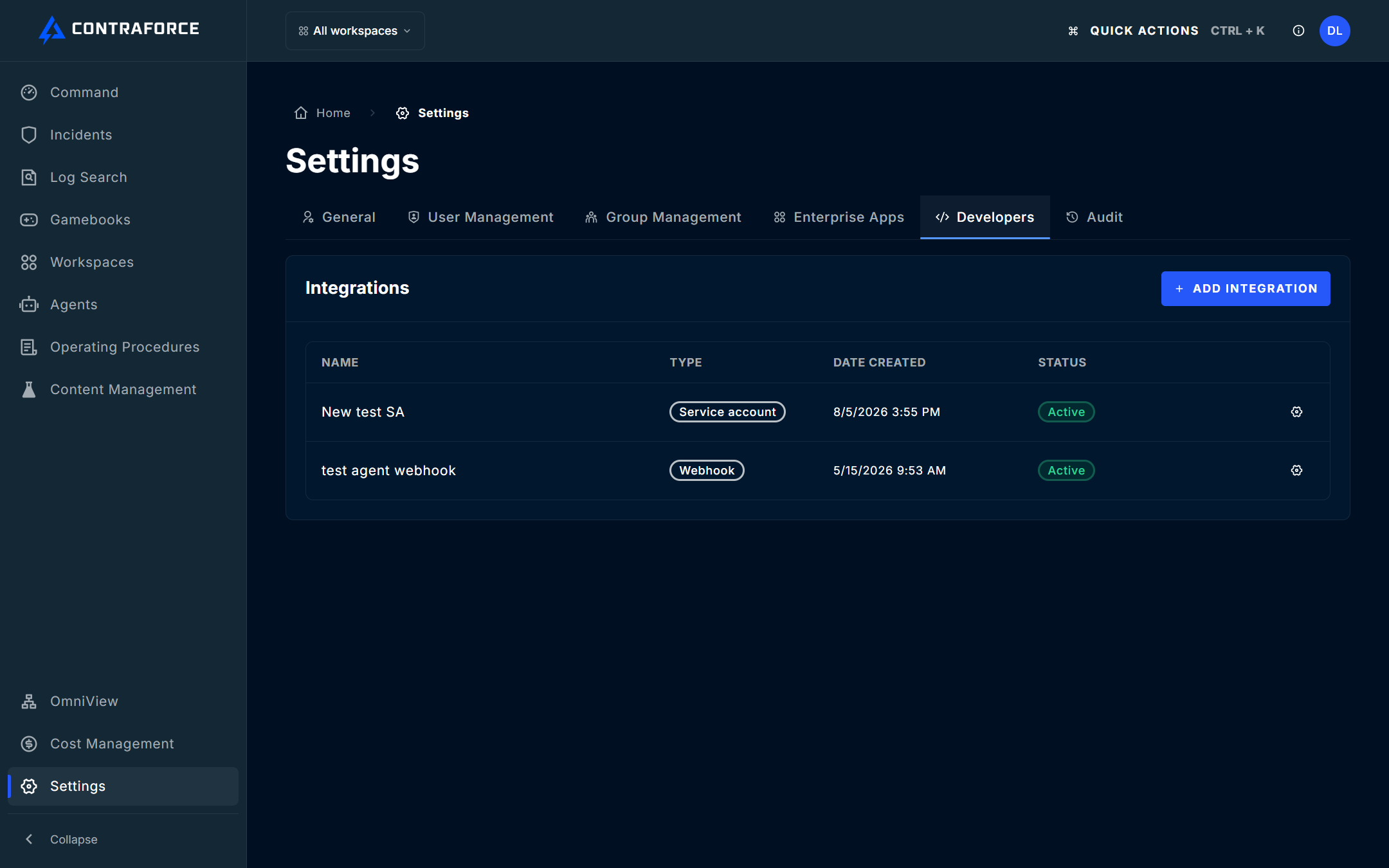 Settings page with the Developers tab selected, showing the Integrations list and the Add integration button
