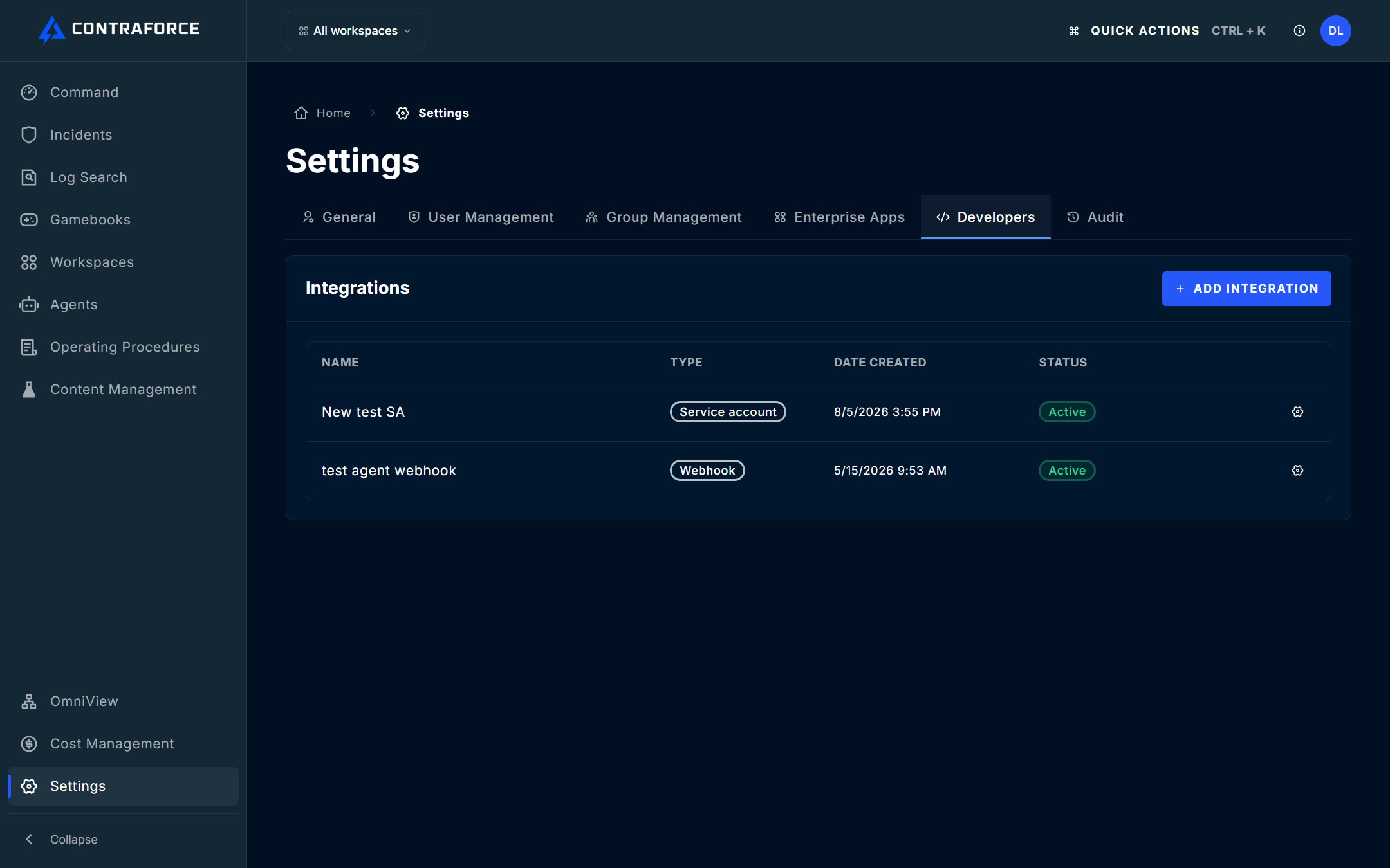 Settings page with the Developers tab selected, showing the Integrations list and the Add integration button