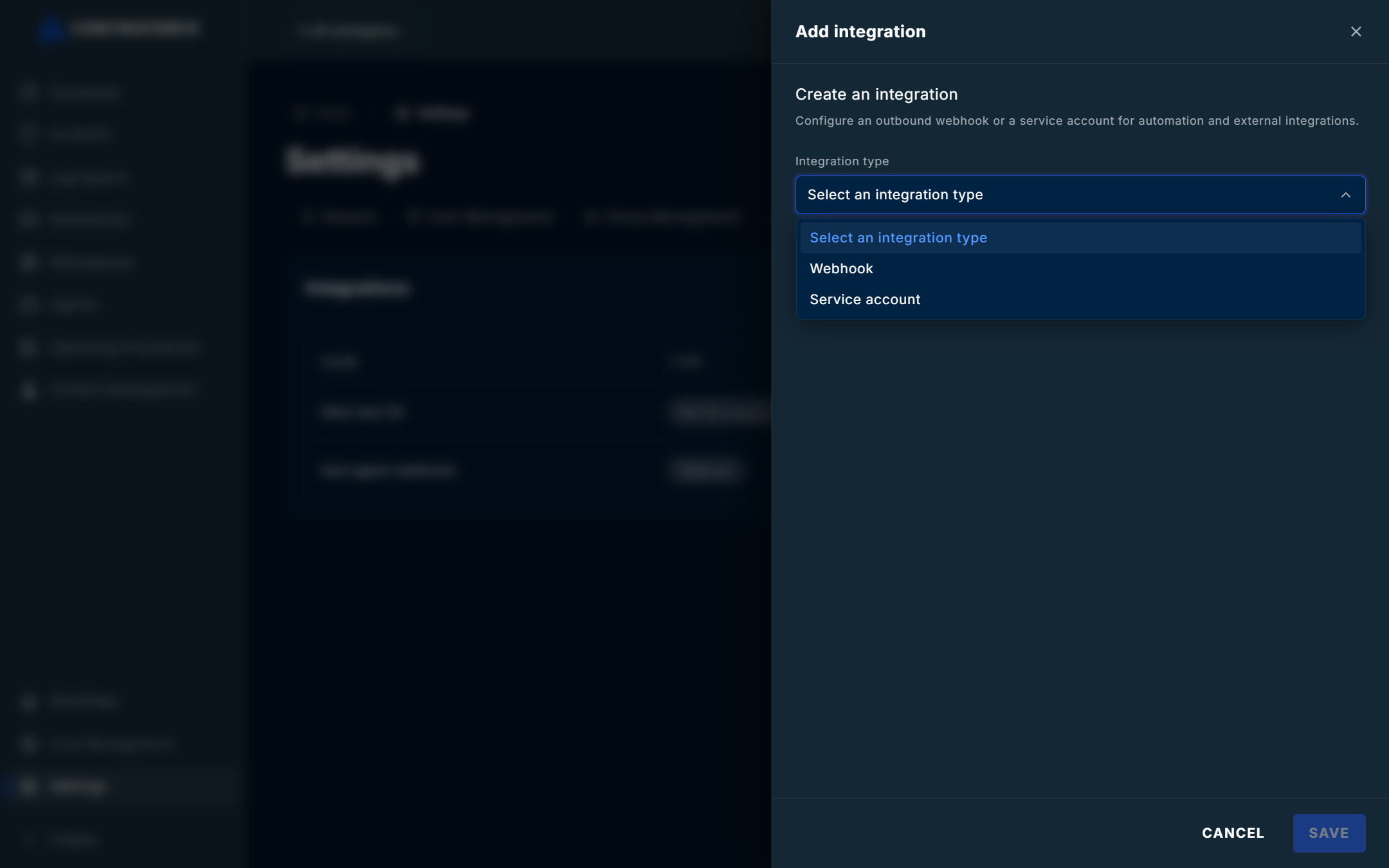 Add integration panel with the Integration type list open, showing Webhook and Service account
