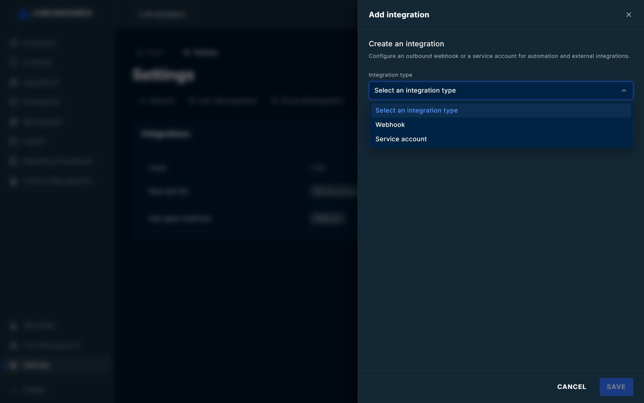 Add integration panel with the Integration type list open, showing Webhook and Service account
