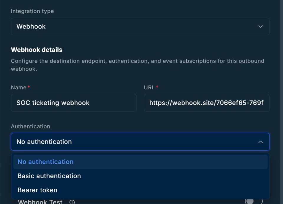 Webhook details with Name and URL filled in and the Authentication list open, showing No authentication, Basic authentication, and Bearer token