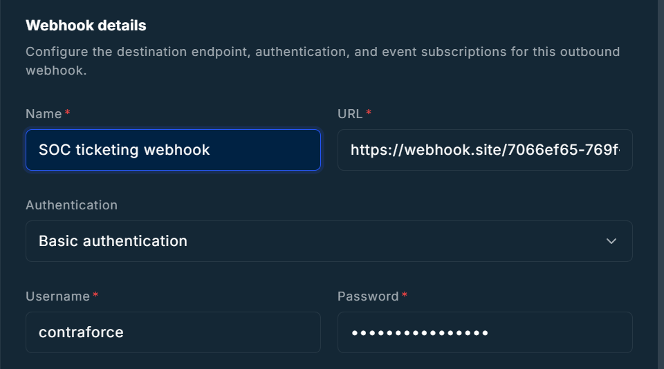 Basic authentication selected, with Username and Password fields