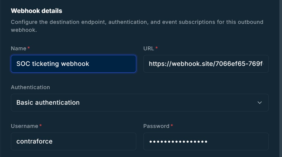 Basic authentication selected, with Username and Password fields