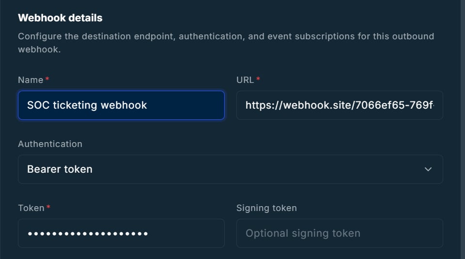 Bearer token selected, with a required Token field and an optional Signing token field