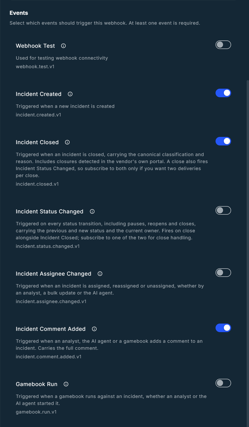 Events list with Incident Created, Incident Closed, and Incident Comment Added turned on