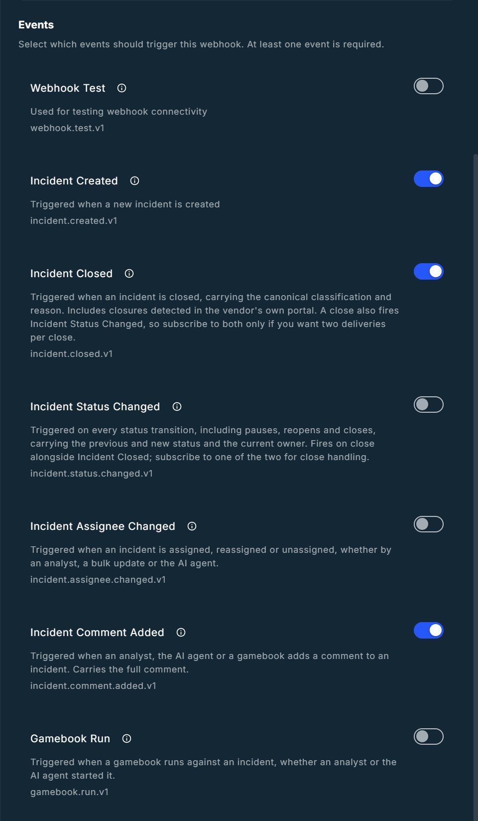 Events list with Incident Created, Incident Closed, and Incident Comment Added turned on