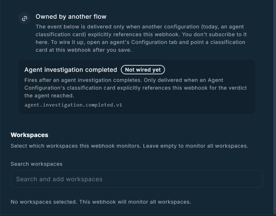 Owned by another flow callout for Agent investigation completed, and the Workspaces section with an empty workspace search