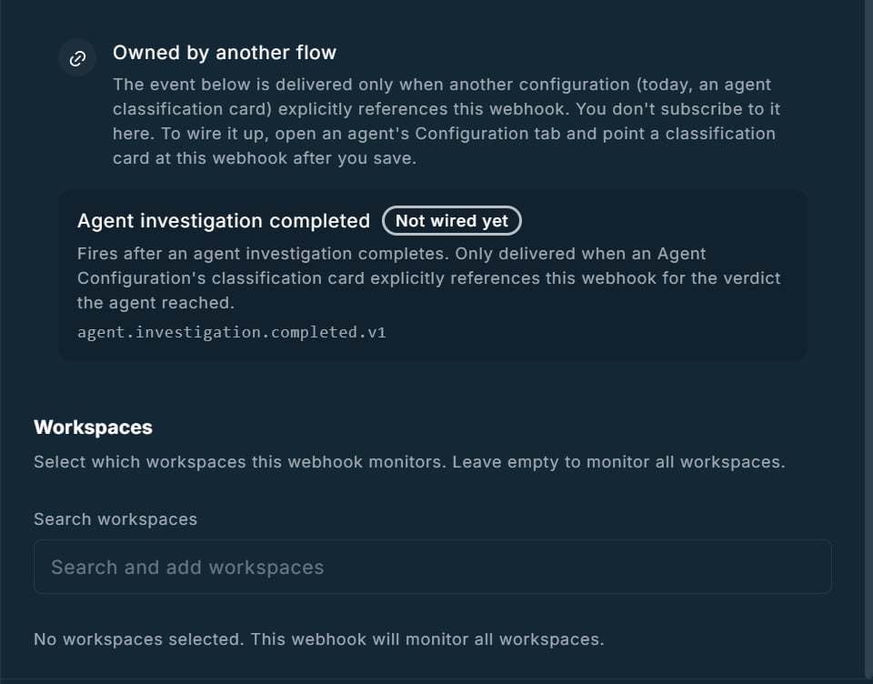 Owned by another flow callout for Agent investigation completed, and the Workspaces section with an empty workspace search