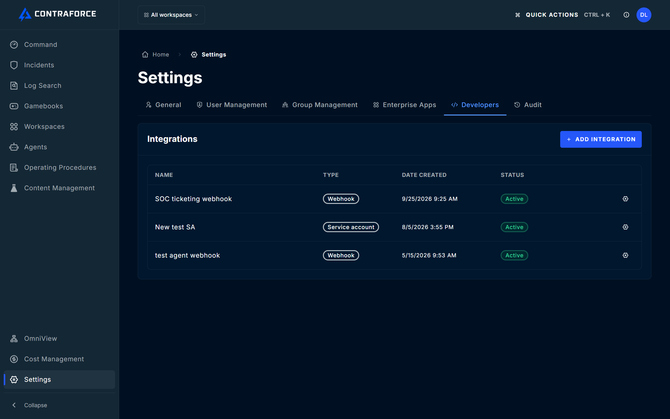 Integrations list showing the new SOC ticketing webhook with Webhook type and Active status