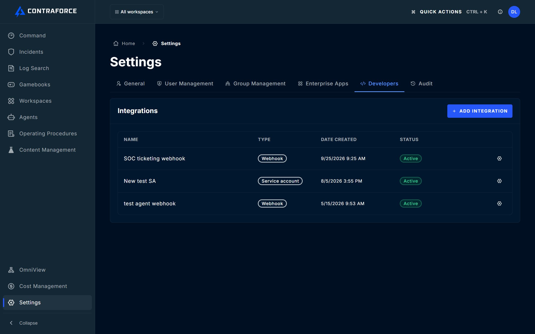 Integrations list showing the new SOC ticketing webhook with Webhook type and Active status