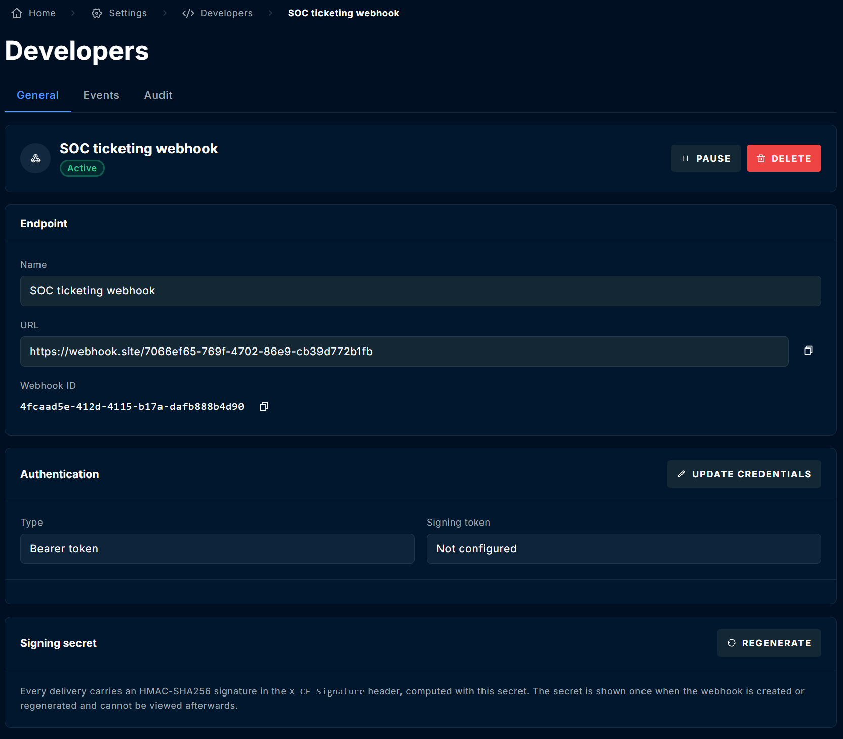 Webhook details General tab with Pause and Delete buttons, the Endpoint section, the Authentication section with Update credentials, and the Signing secret section with Regenerate