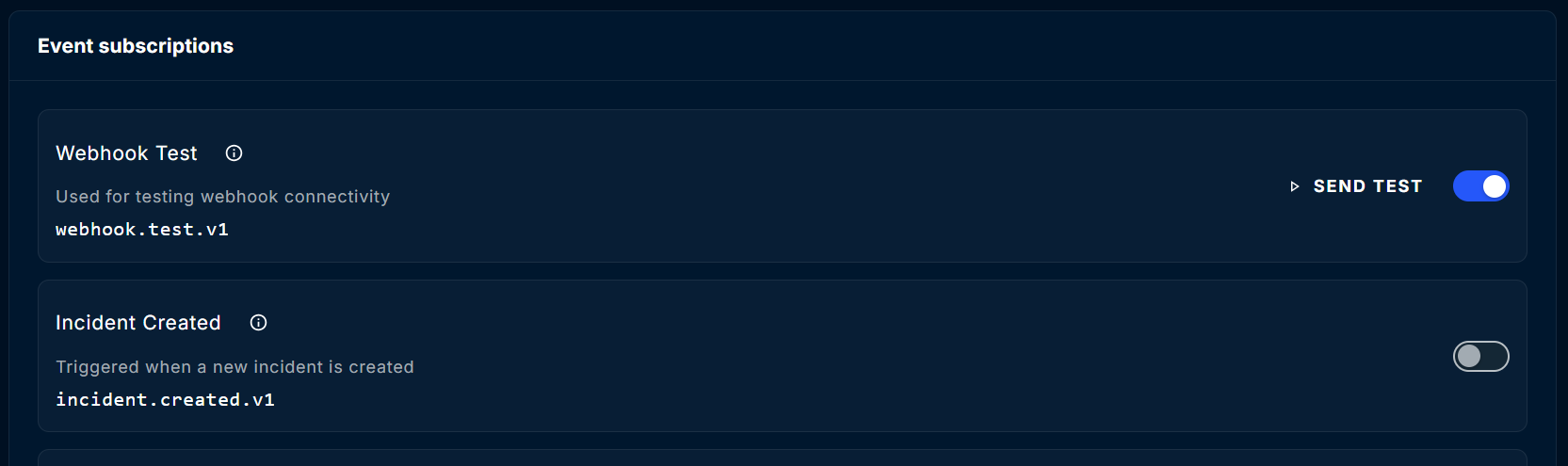 Event subscriptions section with Webhook Test turned on and a Send test button