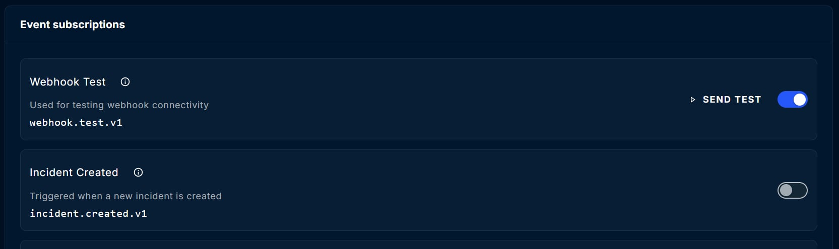 Event subscriptions section with Webhook Test turned on and a Send test button