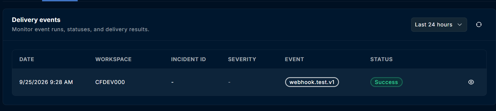 Delivery events list showing a webhook.test.v1 delivery with Success status